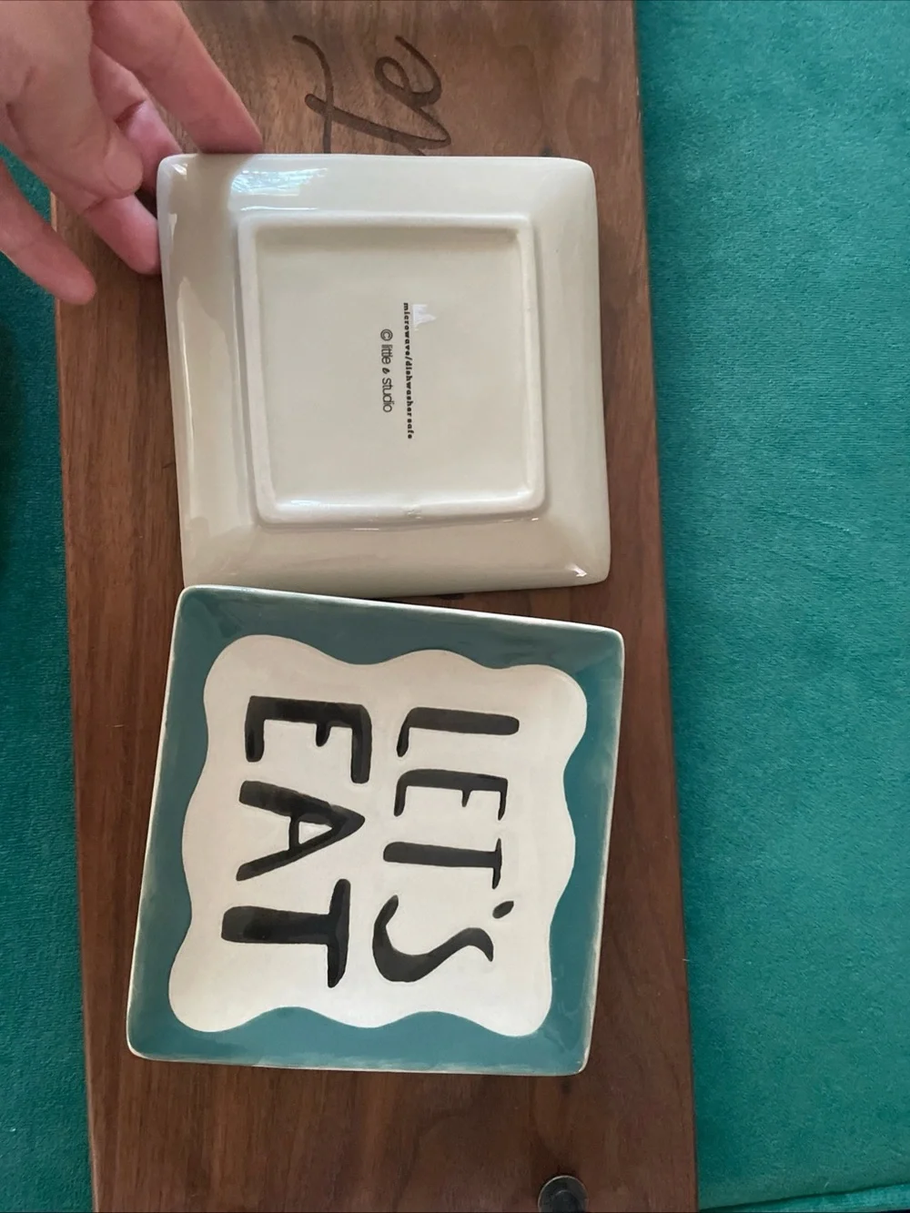 Ceramic 'LET'S EAT' Square Appertizer Dishes in Teal & White